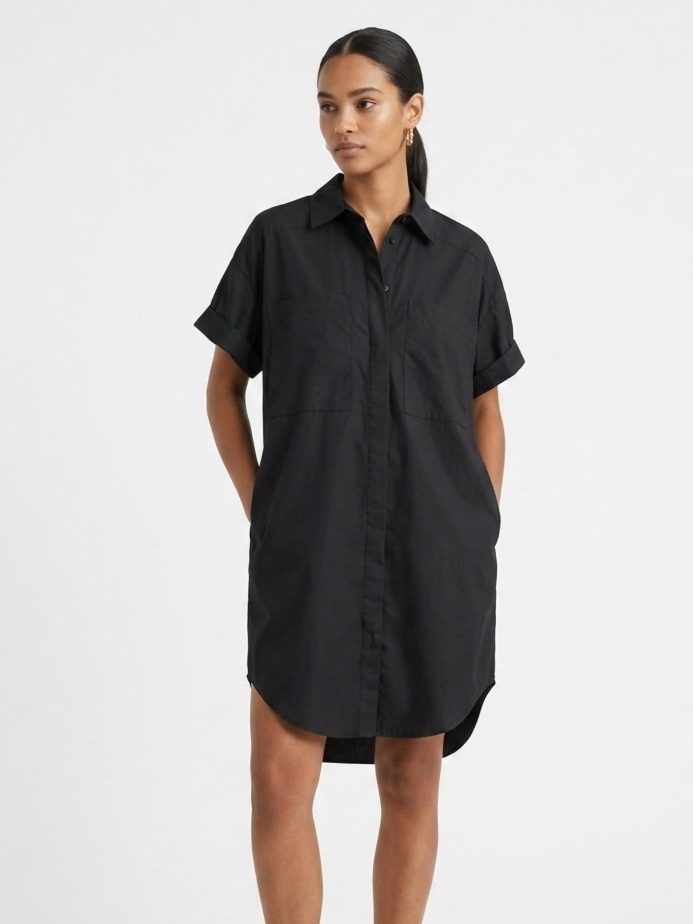 Zara Black Short Sleeve Button Down Shirt Dress